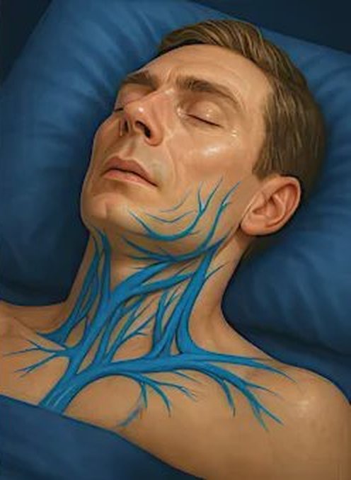 Ilustración artística de la red linfática del cuello de una persona dormida